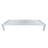 A white heavy duty aluminum bed frame with four rectangular legs and three horizontal slats across the base. The minimalist, modern design is photographed against a plain white background. No mattress or additional bedding is shown.