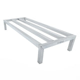 A heavy duty aluminum dunnage rack with four square legs and three horizontal slats, finished in silver. Freezer safe and labeled Empura, it’s designed for storing items off the floor in commercial kitchens or storage areas.