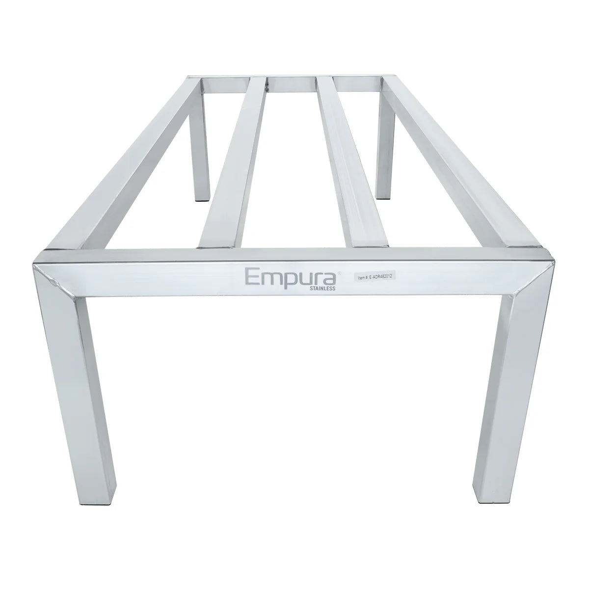 A stainless steel table frame with four legs and three parallel support bars, labeled Empura Stainless on the side. The heavy duty aluminum structure lacks a top surface, featuring a shiny, reflective finish against a plain white background.