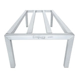 A stainless steel table frame with four legs and three parallel support bars, labeled Empura Stainless on the side. The heavy duty aluminum structure lacks a top surface, featuring a shiny, reflective finish against a plain white background.