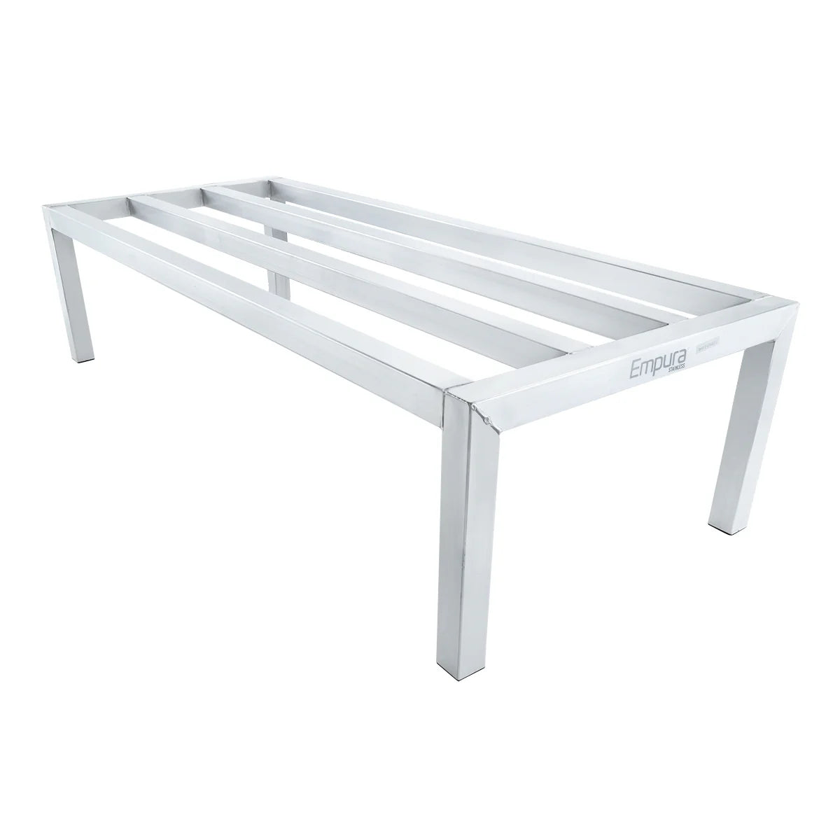 A heavy duty aluminum dunnage rack with four square legs and three horizontal slats across the top for open airflow. The rectangular "Empura" frame features a minimalist design, making it freezer safe and ideal for supporting heavy equipment in commercial kitchens.