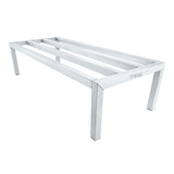 A heavy duty aluminum dunnage rack with four square legs and three horizontal slats across the top for open airflow. The rectangular "Empura" frame features a minimalist design, making it freezer safe and ideal for supporting heavy equipment in commercial kitchens.