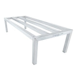 Rectangular, silver heavy duty aluminum dunnage rack with four slanted legs and three wide horizontal support bars. The open-structure rack is freezer safe and designed for heavy-duty storage, with Empura branding visible on the side. White background.