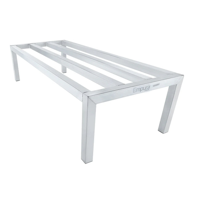 Rectangular, silver heavy duty aluminum dunnage rack with four slanted legs and three wide horizontal support bars. The open-structure rack is freezer safe and designed for heavy-duty storage, with Empura branding visible on the side. White background.