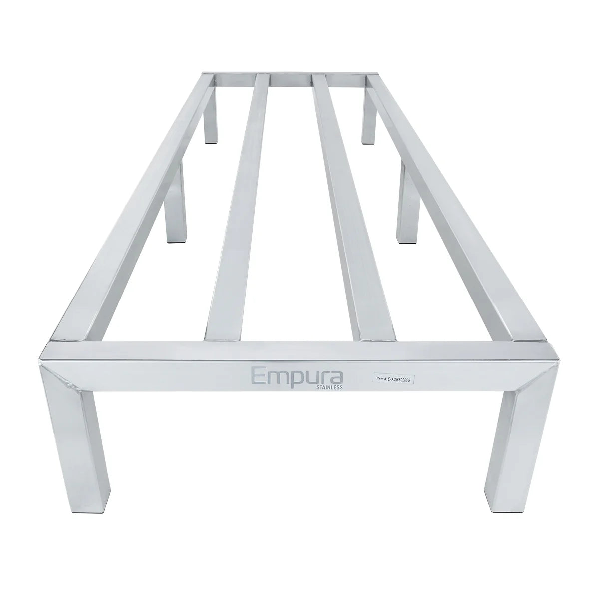 A heavy duty, stainless steel table frame by Empura with four legs and three wide, evenly spaced support bars across the top; similar to a dunnage rack. The aluminum-look finish gives it a sleek, modern appeal in the low, front-facing photo.