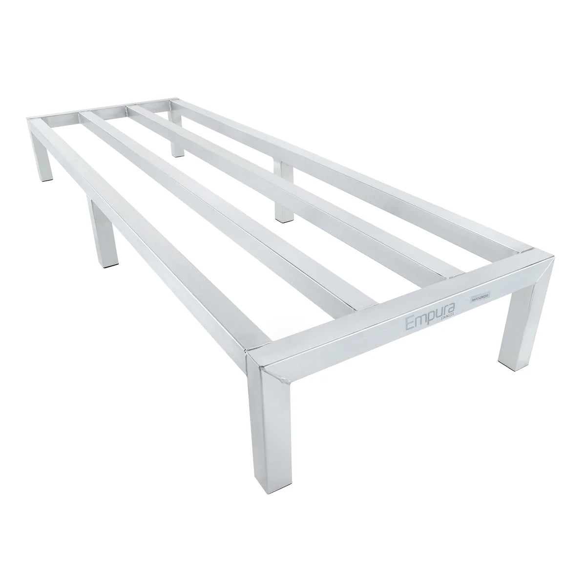 A heavy duty Empura dunnage rack with four horizontal slats, six square legs, and a rectangular shape. Designed for storing items off the ground in commercial kitchens or storage areas, it features durable stainless steel construction.