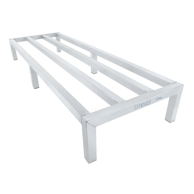 A heavy duty Empura dunnage rack with four horizontal slats, six square legs, and a rectangular shape. Designed for storing items off the ground in commercial kitchens or storage areas, it features durable stainless steel construction.