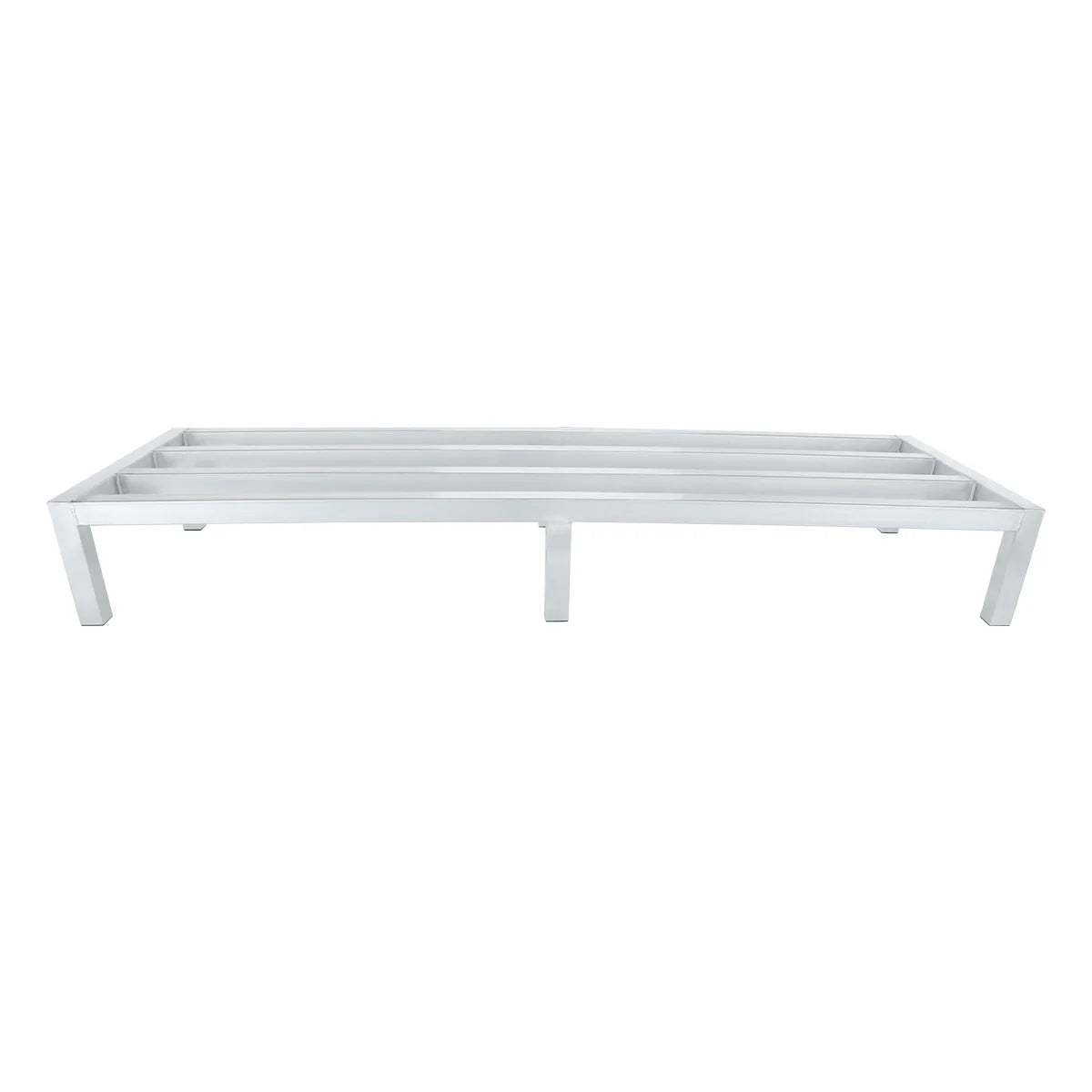 A heavy duty silver metal platform bed frame with six sturdy legs and three horizontal support bars, crafted from aluminum. The minimalist, modern design has no headboard or footboard, resembling a sleek dunnage rack against a white background.