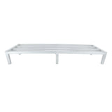 A heavy duty silver metal platform bed frame with six sturdy legs and three horizontal support bars, crafted from aluminum. The minimalist, modern design has no headboard or footboard, resembling a sleek dunnage rack against a white background.