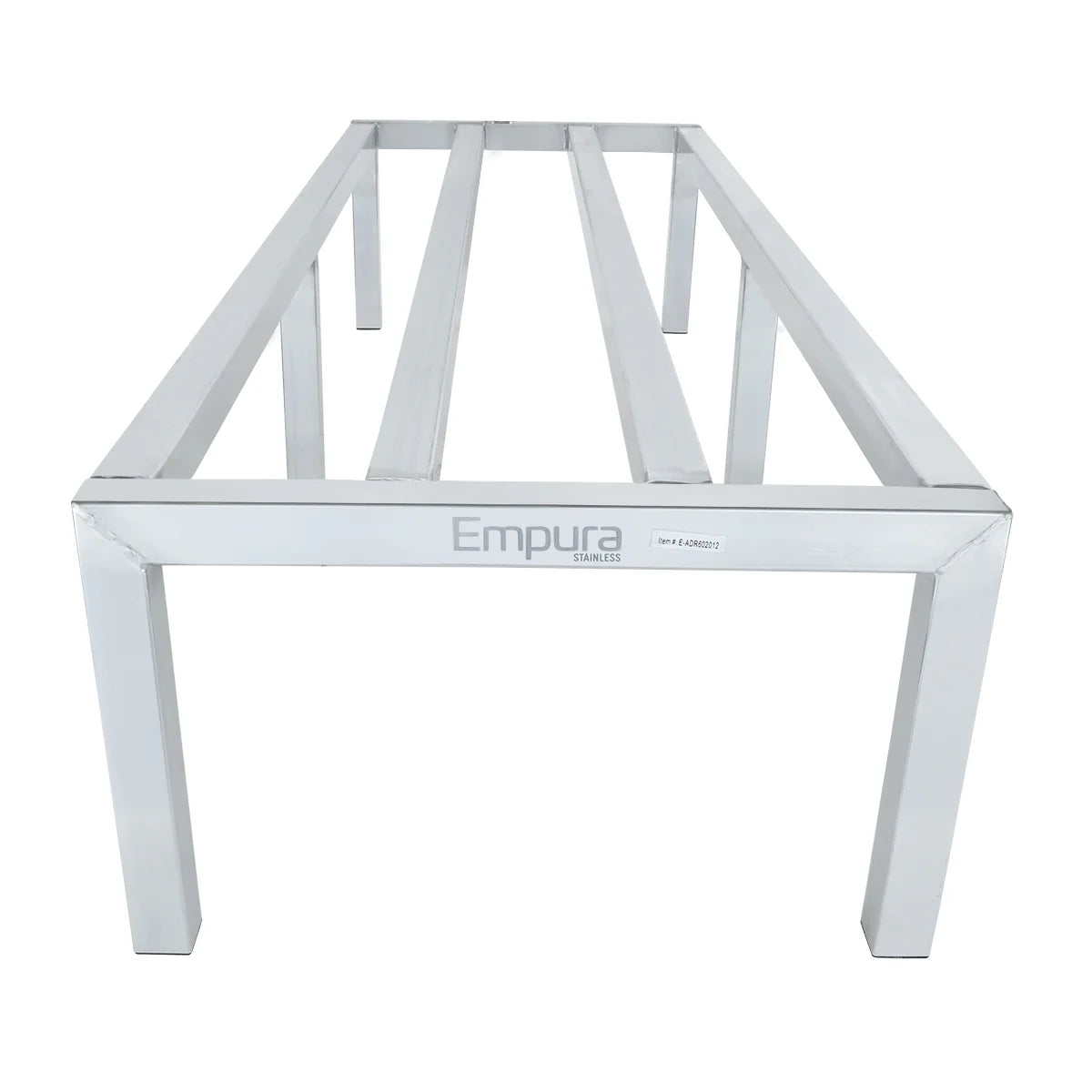 Rectangular stainless steel table frame, freezer safe with no tabletop or bottom shelf, viewed at an angle from the end. The frame has four legs and two wide support beams like a dunnage rack. The brand name Empura is printed on an inner label.