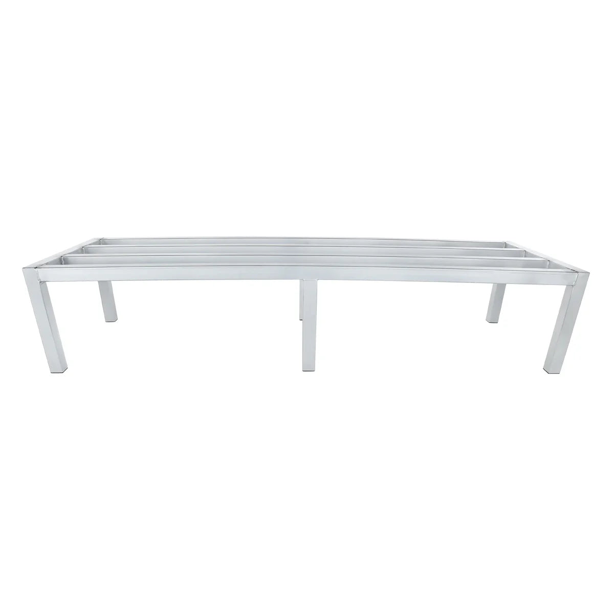 A rectangular aluminum bed frame with four sturdy legs and three support beams running lengthwise. The minimalist, silver design resembles a dunnage rack, with no mattress, headboard, or decorative elements against a plain white background.