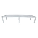 A rectangular aluminum bed frame with four sturdy legs and three support beams running lengthwise. The minimalist, silver design resembles a dunnage rack, with no mattress, headboard, or decorative elements against a plain white background.