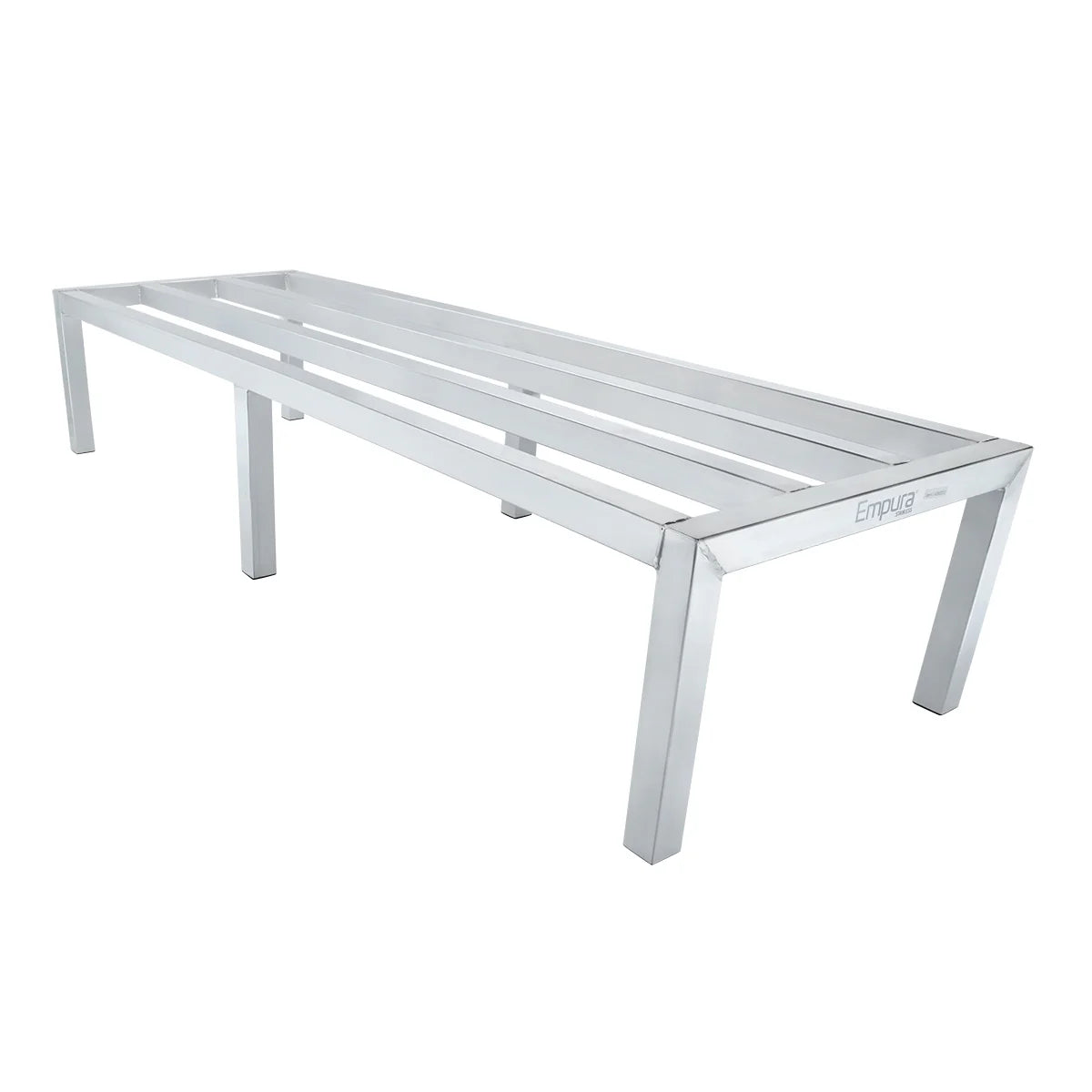 A modern, minimalist aluminum bench with four legs and a slatted seat design, made of rectangular metal bars. The frame is simple and angular, with the brand name “Empura” visible on one side. The bench is seen on a plain white background.