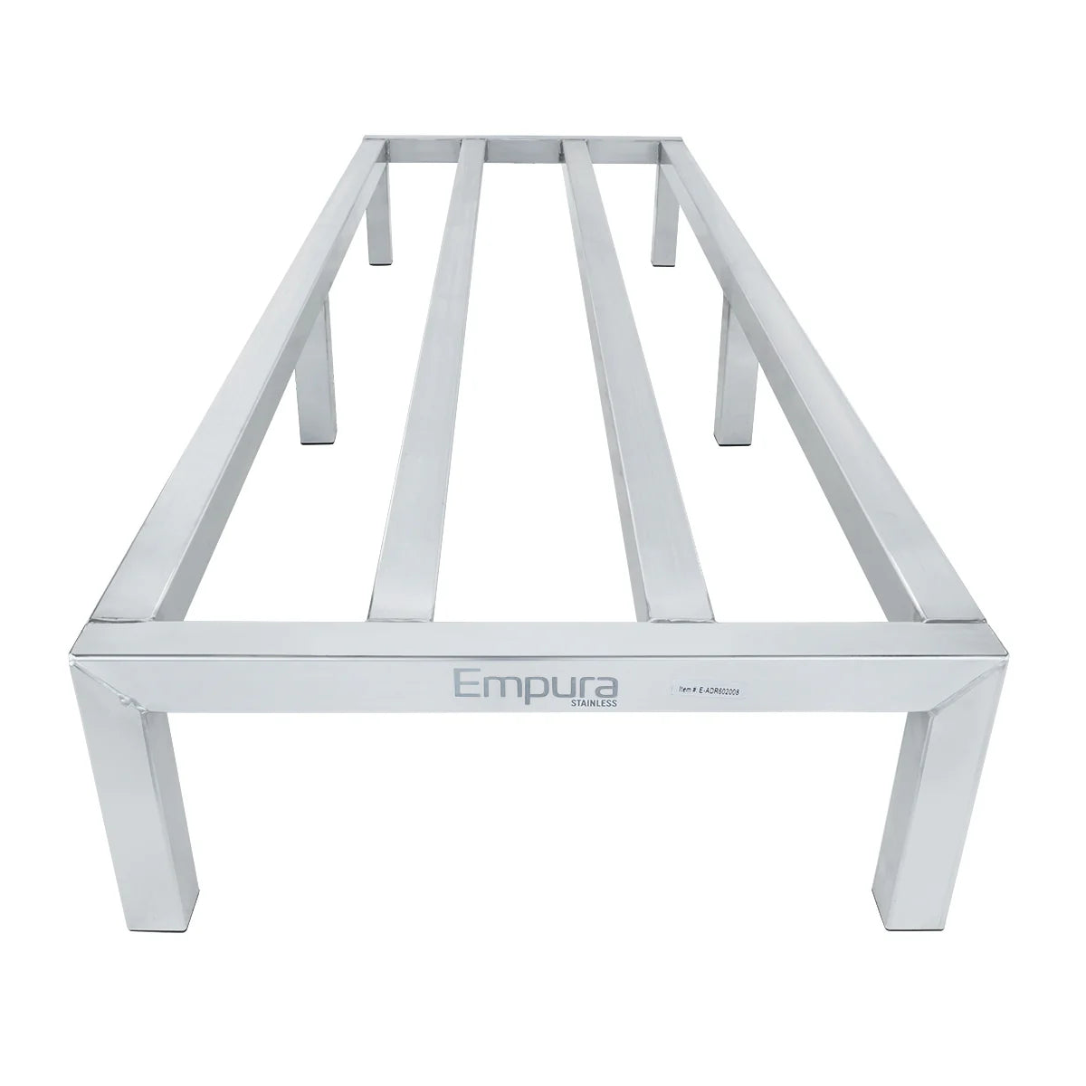 A rectangular heavy duty aluminum dunnage rack with four legs and three evenly spaced horizontal support bars. The silver matte frame has the Empura brand name printed on one side, offering an industrial and minimal design.