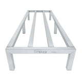 A rectangular heavy duty aluminum dunnage rack with four legs and three evenly spaced horizontal support bars. The silver matte frame has the Empura brand name printed on one side, offering an industrial and minimal design.