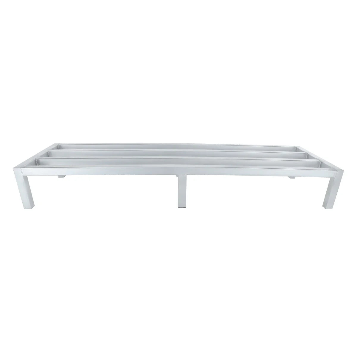 A minimalist, rectangular aluminum bed frame in silver with six heavy-duty legs and no headboard or footboard, viewed from the front against a plain white background. The frame has a simple, modern design with straight edges like a dunnage rack.