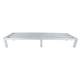 A minimalist, rectangular aluminum bed frame in silver with six heavy-duty legs and no headboard or footboard, viewed from the front against a plain white background. The frame has a simple, modern design with straight edges like a dunnage rack.