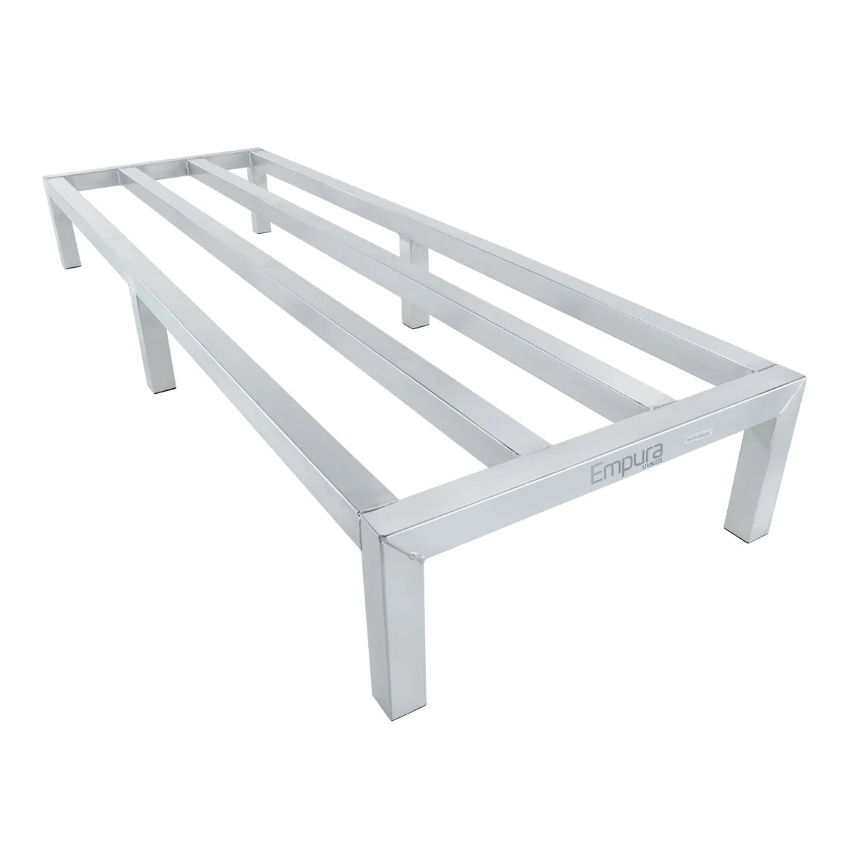 A heavy duty aluminum dunnage rack with four sturdy legs and three horizontal slats across the top. The rectangular frame is open and elevated off the ground, with the Empura brand name visible on the front. The background is plain white.