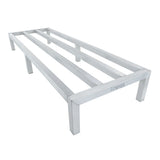 A heavy duty aluminum dunnage rack with four sturdy legs and three horizontal slats across the top. The rectangular frame is open and elevated off the ground, with the Empura brand name visible on the front. The background is plain white.