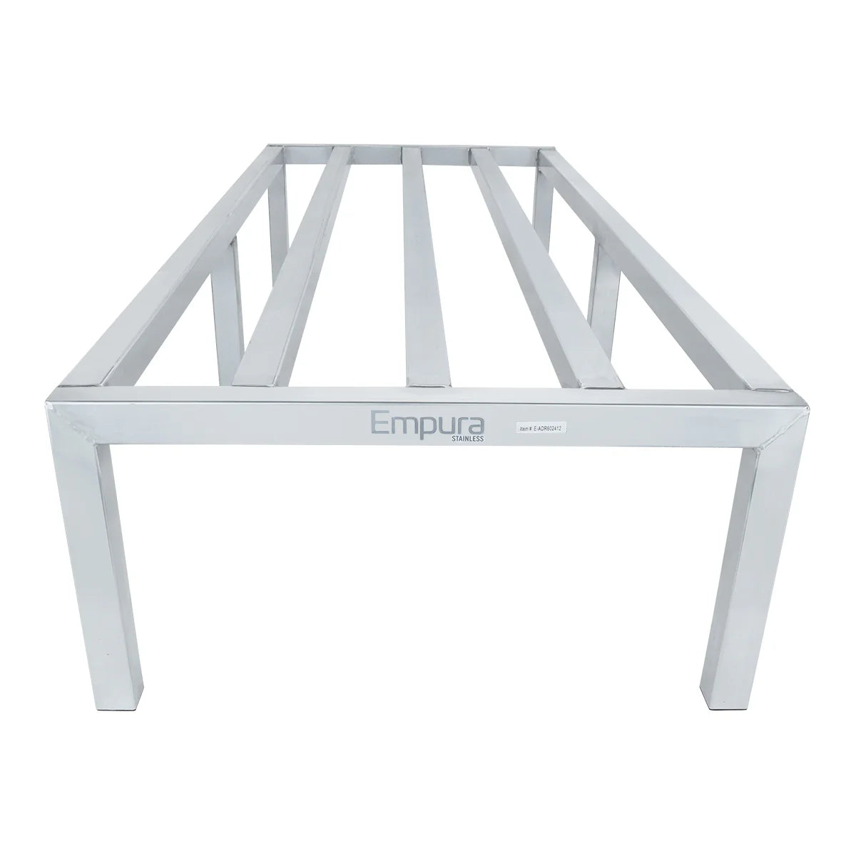 A stainless steel table frame with four legs and horizontal support bars, viewed from the front. The brand Empura is labeled at the center of the front support beam. This simple, industrial design complements any heavy duty aluminum rack setup.
