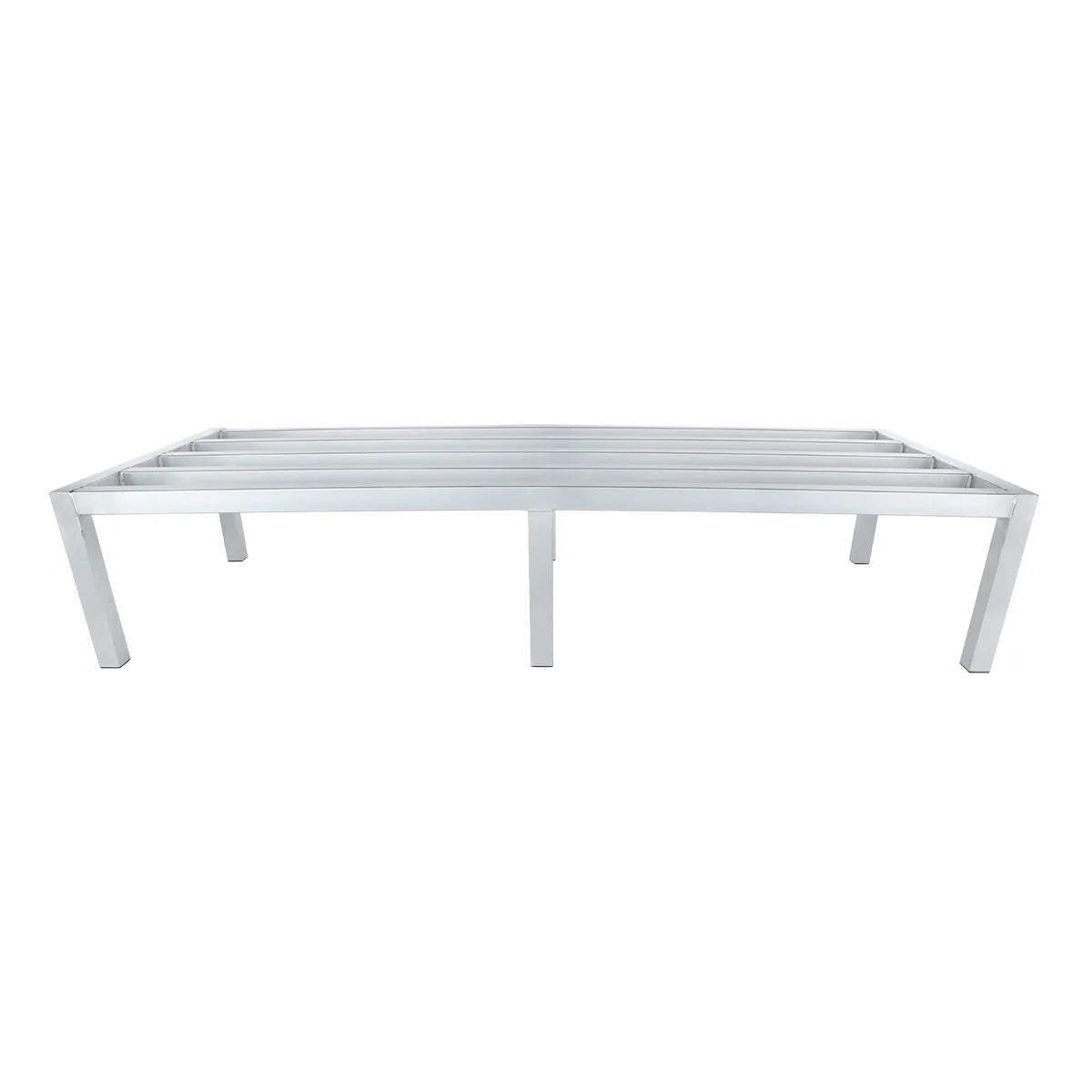 A minimalist, heavy duty aluminum rack-style silver metal bed frame with six legs and slats for mattress support. Its simple, modern design has no headboard or footboard. The photo is taken against a white background.