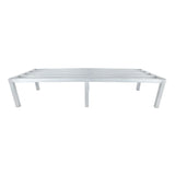 A minimalist, heavy duty aluminum rack-style silver metal bed frame with six legs and slats for mattress support. Its simple, modern design has no headboard or footboard. The photo is taken against a white background.
