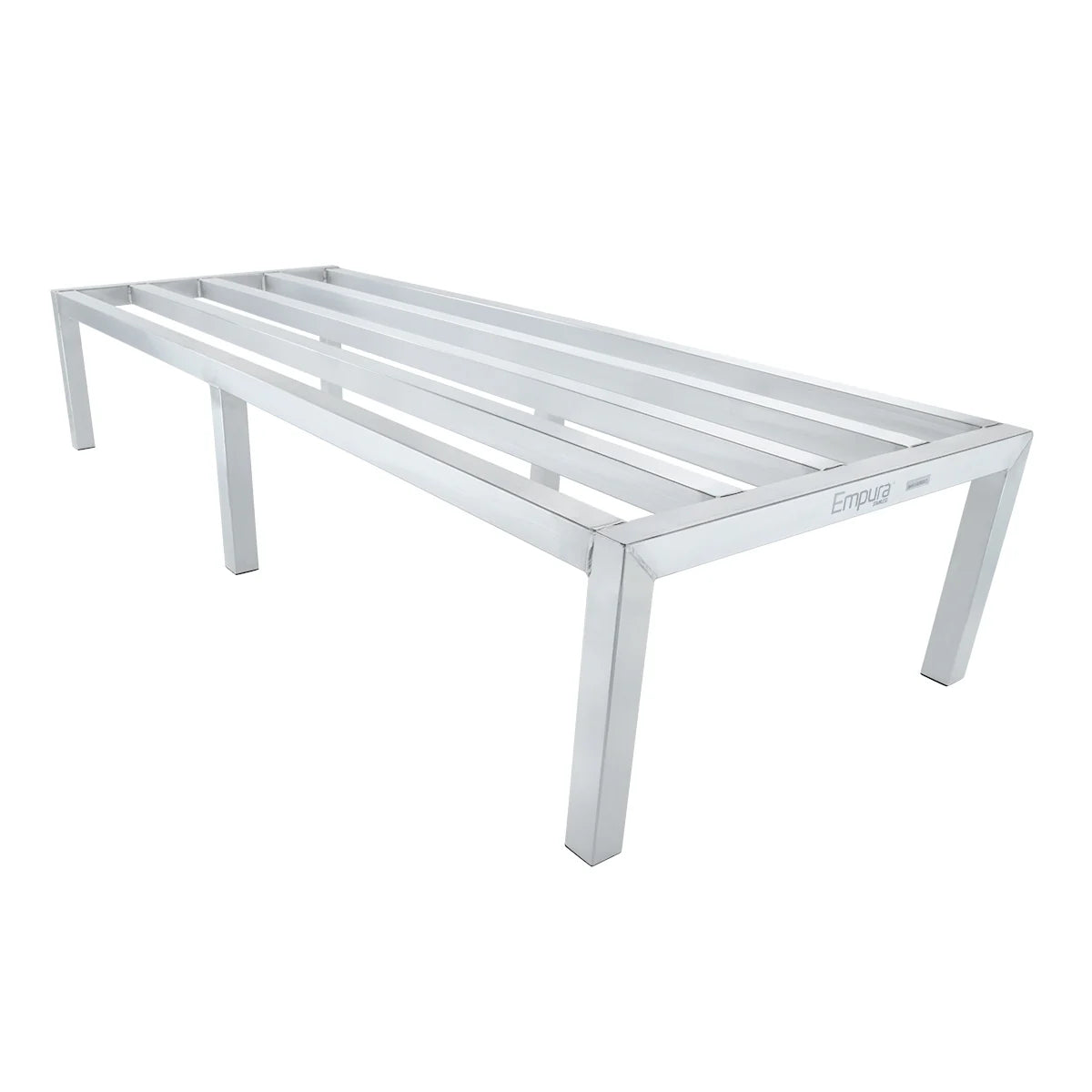 A silver rectangular heavy duty aluminum rack bed frame with four sturdy legs and three long horizontal support beams, designed for supporting a mattress. The minimalist, modern frame features the “Empire” logo on one side.