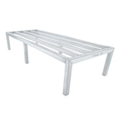 A silver rectangular heavy duty aluminum rack bed frame with four sturdy legs and three long horizontal support beams, designed for supporting a mattress. The minimalist, modern frame features the “Empire” logo on one side.