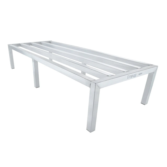 A silver rectangular heavy duty aluminum rack bed frame with four sturdy legs and three long horizontal support beams, designed for supporting a mattress. The minimalist, modern frame features the “Empire” logo on one side.