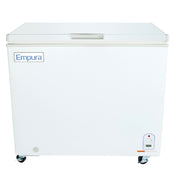 A white Empura chest freezer with a solid lid, digital temperature display near the bottom right corner, and four wheels for easy mobility. The Empura logo stands out on the upper left front panel of this versatile kitchen freezer.