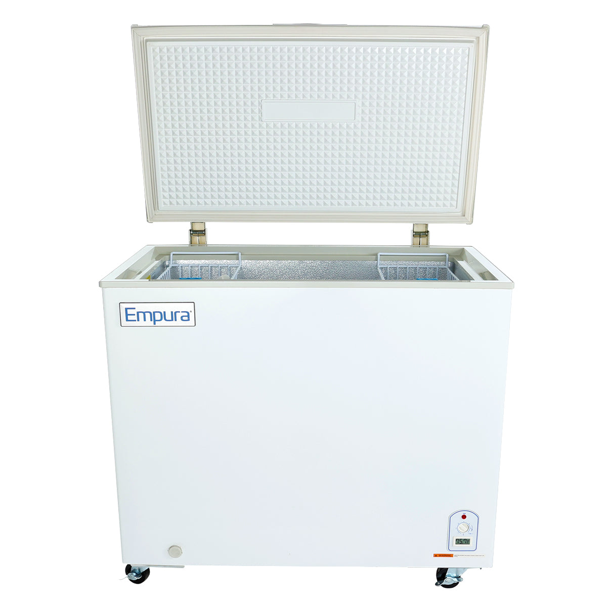 A white kitchen freezer with an open lid displays a textured interior and two wire baskets. The Empura chest freezer stands on four caster wheels for mobility, with a control panel at the bottom right and the brand name on the front.