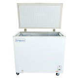 A white kitchen freezer with an open lid displays a textured interior and two wire baskets. The Empura chest freezer stands on four caster wheels for mobility, with a control panel at the bottom right and the brand name on the front.