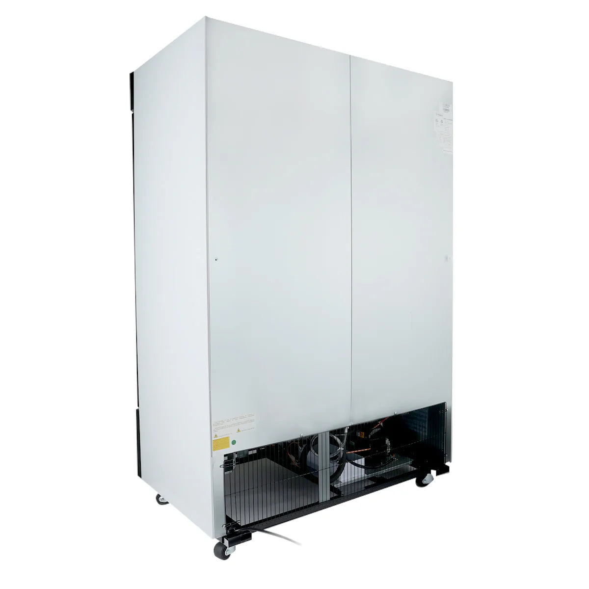 A large, upright, rectangular metal freezer merchandiser on wheels. The front features two swing glass doors and a bottom section with a vent revealing mechanical components. The cabinet stands on a flat surface against a white background.