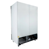 A large, upright, rectangular metal freezer merchandiser on wheels. The front features two swing glass doors and a bottom section with a vent revealing mechanical components. The cabinet stands on a flat surface against a white background.