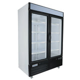 A commercial Empura refrigeration unit with two swing glass doors, four white wire shelves, black trim, and a blank sign panel on top. The freezer merchandiser has the Empura logo near the bottom front and is set on caster wheels.