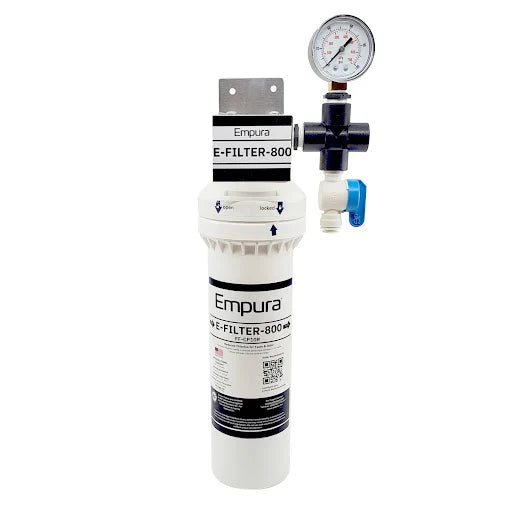 A white Empura E-FILTER-800 water filtration system with a cylindrical cartridge, metal mounting bracket, pressure gauge on top, and a blue valve with a white connector—ideal for use with commercial ice machines—shown against a plain white background.