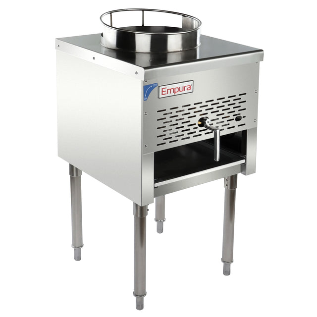 A commercial gas wok range by Empura featuring a circular burner ring on top, vented front panel, control lever, lower shelf, and four sturdy legs with adjustable feet; ideal for high-output cooking in Asian kitchens.