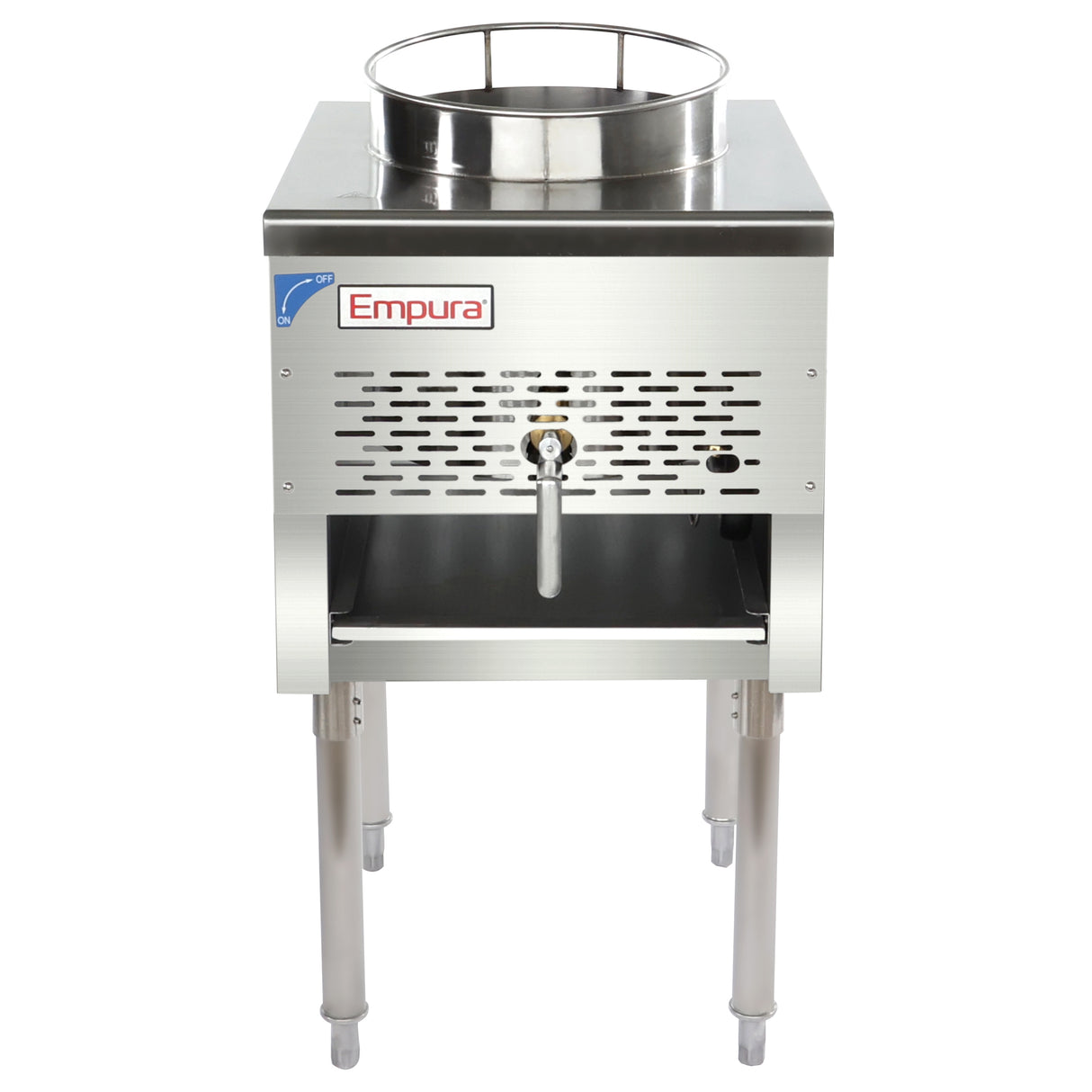 A stainless steel commercial gas wok range with four sturdy legs, a circular burner on top, a spout at the front, and ventilation slots. Perfect for high-output cooking in Asian kitchens, the Empura brand is displayed above the spout, highlighting its modern design.