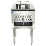 A stainless steel commercial gas wok range with four sturdy legs, a circular burner on top, a spout at the front, and ventilation slots. Perfect for high-output cooking in Asian kitchens, the Empura brand is displayed above the spout, highlighting its modern design.