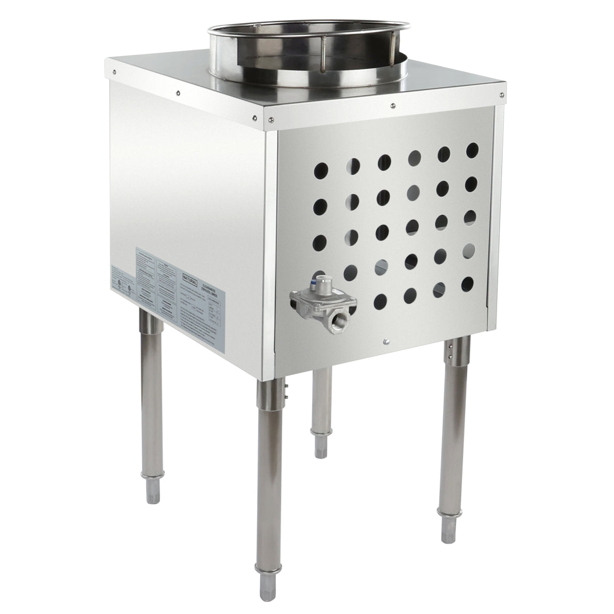 A stainless steel commercial gas wok range with four adjustable legs, a round burner opening on top, a perforated front panel, a control valve on the front, and a label with instructions or specifications on the side—ideal for Asian kitchens and high-output cooking.