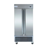 A commercial stainless steel Reach-In Freezer by Empura features double doors, vertical handles, a vented lower front panel, and smooth reflective surfaces. It sits on four caster wheels for easy mobility and has minimal detailing for a sleek look.