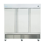 A large, reach-in commercial refrigerator with three vertical doors, each sporting a long handle. This stainless steel unit is on four caster wheels with a horizontal vent at the bottom. The brand “Empura” is visible on the top left corner.