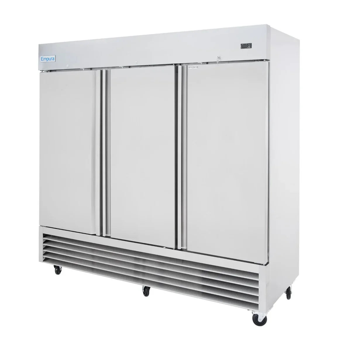 A large, stainless steel commercial refrigerator with three tall doors and vertical handles sits on six black caster wheels. The vent is at the bottom front, and the Empura brand name is on the top left corner. Its sleek, industrial look suits any professional kitchen.