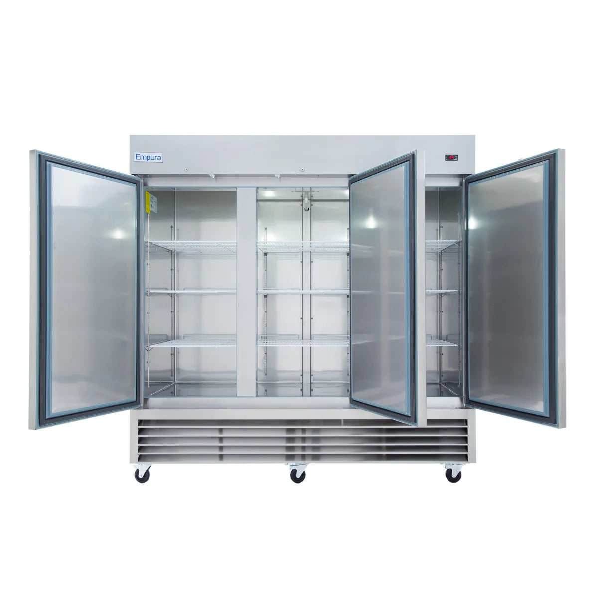 A large, stainless steel reach-in refrigerator with four glass doors, all open to reveal empty wire shelves inside. The unit has a vented bottom panel and is mounted on wheels for mobility. The brand name “Empura” is visible on the upper left.