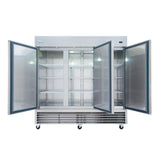A large, stainless steel reach-in refrigerator with four glass doors, all open to reveal empty wire shelves inside. The unit has a vented bottom panel and is mounted on wheels for mobility. The brand name “Empura” is visible on the upper left.