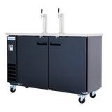 A black Empura Refrigeration commercial kegerator with two tall tap towers, double-door front, and caster wheels. The Beer Keg Cooler features a vented section on the left, stainless steel countertop, and brand label above the vented panel.