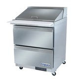 A stainless steel refrigerated sandwich prep table with two large drawers, a flat cutting surface, and a top compartment with a hinged lid. The unit has wheels for mobility and displays the Empura brand on the bottom front panel.