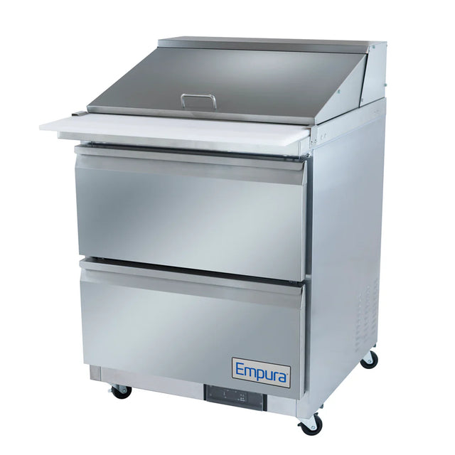 A stainless steel refrigerated sandwich prep table with two large drawers, a flat cutting surface, and a top compartment with a hinged lid. The unit has wheels for mobility and displays the Empura brand on the bottom front panel.