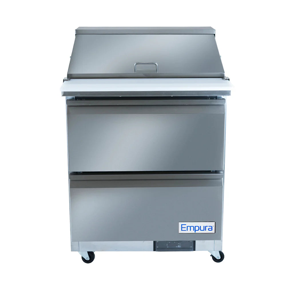 A stainless steel refrigerated sandwich prep table on wheels, with a closed lid and two front-facing compartments. A handle is visible on the lid, and a white cutting board extends at the front. The Empura label appears at the bottom right corner.