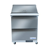 A stainless steel refrigerated sandwich prep table on wheels, with a closed lid and two front-facing compartments. A handle is visible on the lid, and a white cutting board extends at the front. The Empura label appears at the bottom right corner.